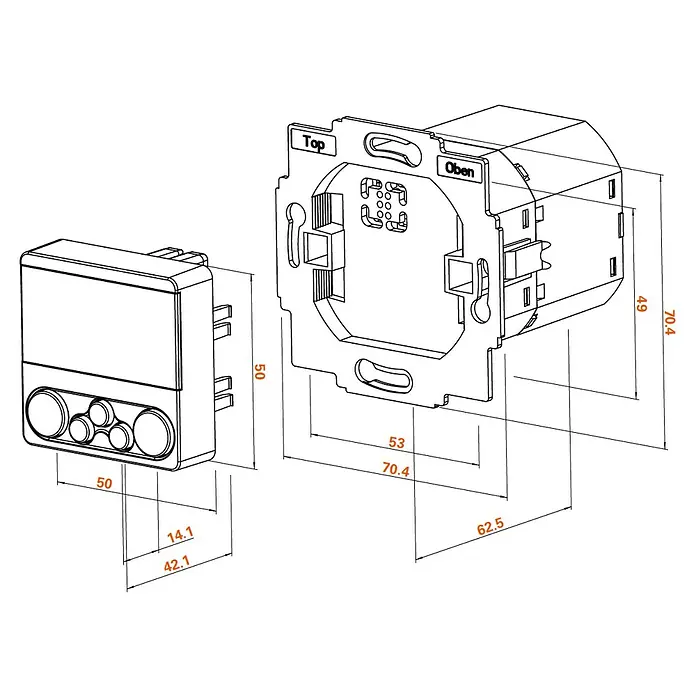WIR elektronik Funksender eUHR eU340 SmartSafe - L x B x H: 50 x 50 x 15 mm, Verkehrsweiß - Eine technische Zeichnung eines elektronischen Schalters mit Maßangaben, die die Dimensionen und das Design des Geräts hervorheben.