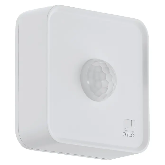 Eglo Connect LED-Lampe - Ausstrahlungswinkel: 120 °, IP44, 7,5 x 7 x 7,5 cm - Nahaufnahme eines quadratischen, weißen EGLO-Bewegungsmelders mit abgerundeten Kanten und einem kugelförmigen Sensor.