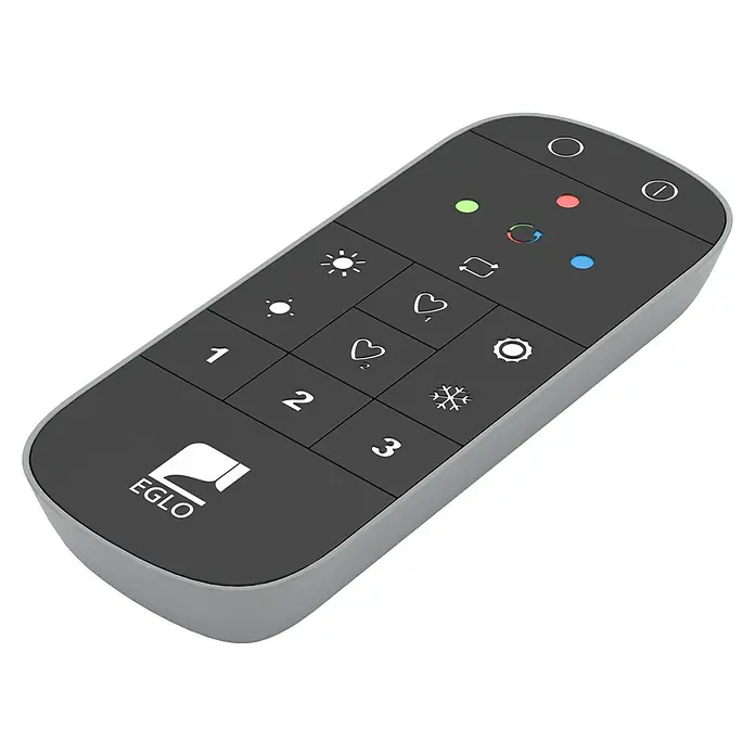 Eglo connect.z Fernbedienung - Grau - Nahaufnahme einer EGLO-Fernbedienung mit verschiedenen Tasten zur Steuerung von Licht und Funktionen. Sie hat ein modernes, minimalistisches Design.