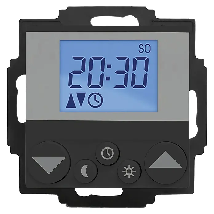 WIR elektronik Zeitschaltuhr Rollladen eUHR eU240 - L x B x H: 50 x 50 x 15 mm, Schwarz - Eine Nahaufnahme eines digitalen Raumthermostats, der eine Zeit von 20:30 anzeigt und verschiedene Steuerungstasten darunter hat.