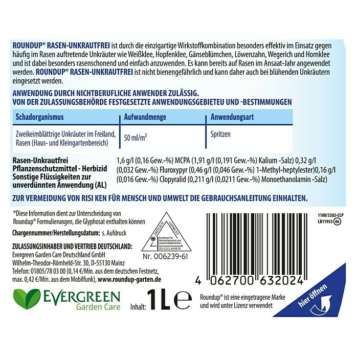 Roundup Unkrautvernichter Rasen-UnkrautfreiGlyphosatfrei, 1 l Back View