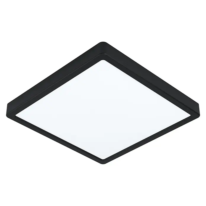 Eglo connect.z LED-Deckenleuchte FUEVA-Z eckig - 19,5 W, Schwarz, Eckig - Nahaufnahme einer modernen, quadratischen LED-Deckenleuchte mit schwarzem Rahmen, die ein helles, gleichmäßiges Licht abgibt.