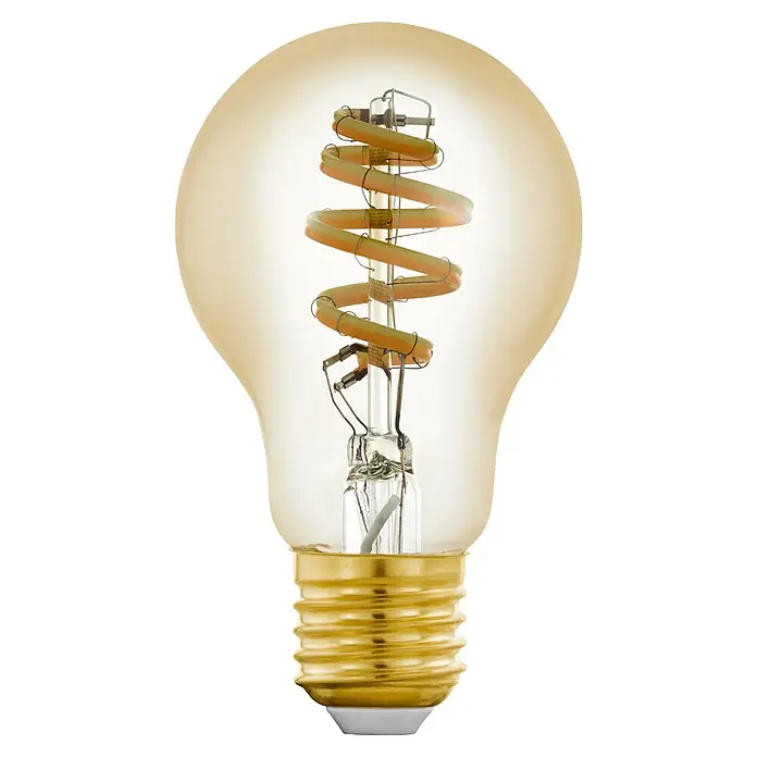 Eglo connect.z Smart-LED-Lampe - E27, Dimmbar, Tageslichtweiß, 360 lm - Nahaufnahme einer dekorativen LED-Glühbirne mit goldfarbenem Sockel und spiralförmigem Glühfaden auf schwarzem Hintergrund.