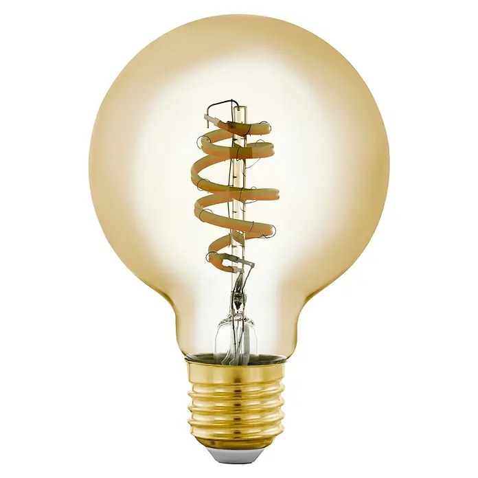 Eglo connect.z Smart-LED-Lampe Vintage Globe-Form E27 - E27, Dimmbar, Warmweiß, 400 lm, 4,9 W - Nahaufnahme einer dekorativen bernsteinfarbenen Glühbirne mit einem gewundenen Glühfaden, die ein warmes, einladendes Licht ausstrahlt.