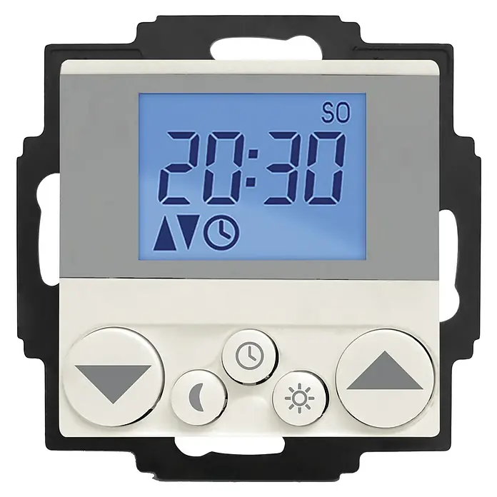 WIR elektronik Zeitschaltuhr Rollladen eUHR eU240 - L x B x H: 50 x 50 x 15 mm, Reinweiß - Elektronischer Raumthermostat mit digitaler Anzeige und Bedienelementen für präzise Temperaturregelung.