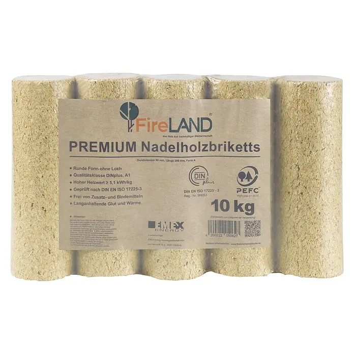 Fireland Holzbriketts Premium - 10 kg, Fichte - Paket Premium Nadelholzbriketts von FireLand. Das Holz aus nachhaltiger Waldwirtschaft, Durchmesser 90 mm, Länge 300 mm, Form A.