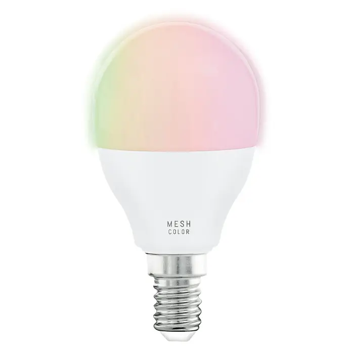 Eglo connect.z Smart-LED-Lampe Zigbee RGB/CCT - E14, Dimmbarkeit: Nicht Dimmbar, RGBW, 470 lm, 4,9 W - Nahaufnahme einer Mesh Color Glühbirne mit einer Farbpalette von Grün bis Rosa, die ein sanftes, einladendes Licht ausstrahlt.
