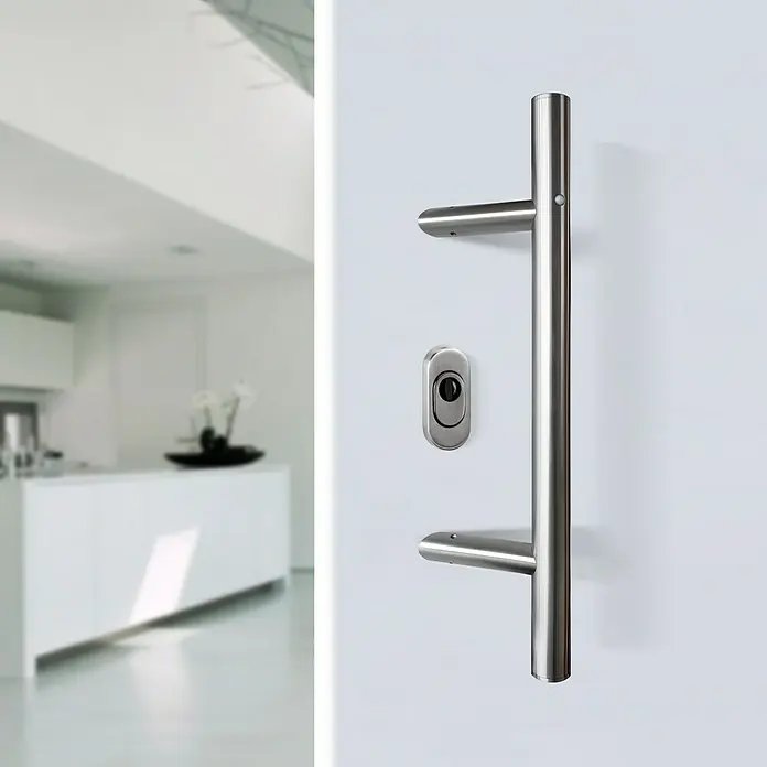 Diamond Doors Stoßgriff LED - Länge: 500 mm, Edelstahl, Rund - Türgriff aus Edelstahl mit Schloss. Eleganter und moderner Türgriff für ein stilvolles Zuhause.