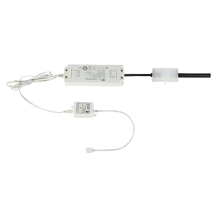 Eglo connect.z LED-Band - Länge: 500 cm, Lichtfarbe: RGBW, 1.250 lm - Nahaufnahme eines LED-Treibers mit Kabeln und Anschlüssen. Der LED-Treiber ist weiß und hat eine kompakte Bauform für vielfältige Anwendungen.
