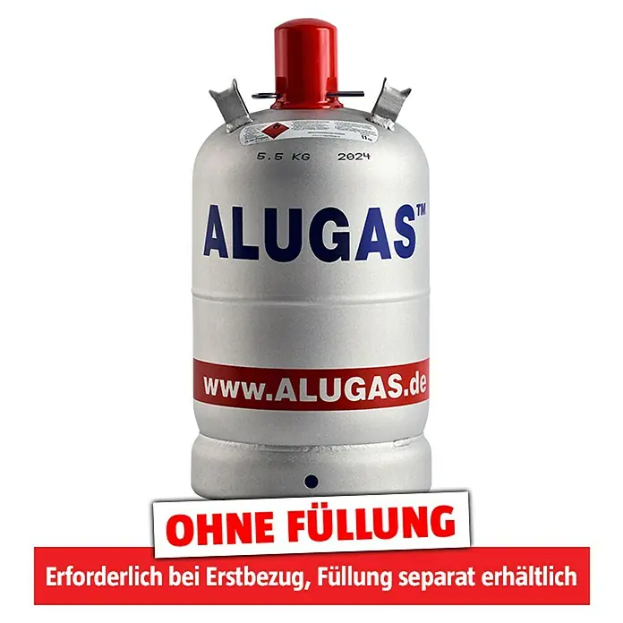 Tyczka Energy Propangas-Flasche Alugas ohne Füllung* - Fassungsvermögen: 11 kg - Produktbild einer leeren 5,5 kg Alugas Gasflasche mit rotem Verschluss.