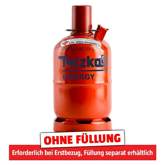 Tyczka Energy Propangas-Flasche Pfandflasche ohne Füllung* - Fassungsvermögen: 5 kg - Rote Propangasflasche der Marke Tyczka, leer. Benötigt Erstbefüllung, Füllung separat erhältlich.