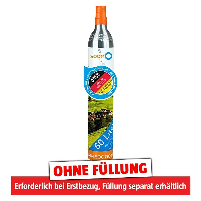 SodaO Kohlensäure-Flasche ohne Füllung* - Geeignet für: Wassersprudler - Abbildung einer leeren SODAO 60 Liter CO2-Flasche. Eine Füllung muss separat erworben werden, um sie zu verwenden.