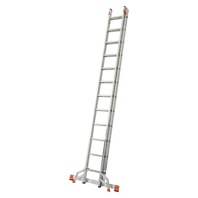 Krause Monto Schiebeleiter Fabilo - Anzahl Tritte: 24 Stk., Arbeitshöhe: 6,85 m, Aluminium - Das Bild zeigt eine moderne, teleskopierbare Mehrzweckleiter aus Aluminium mit orangefarbenen Details, ideal für den vielseitigen Einsatz im Alltag.