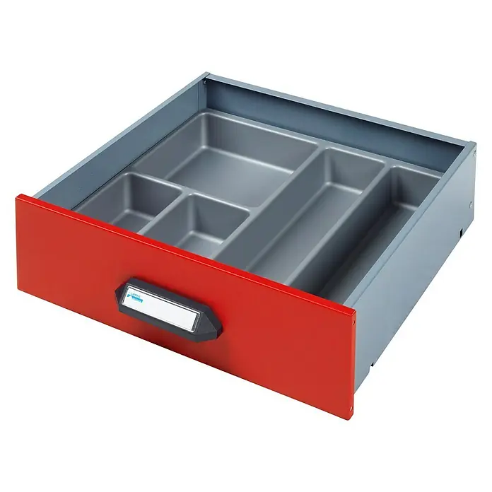 Küpper Organizador para cajón - Número de compartimentos: 5 ud., Plástico - Cajón con frente rojo e interior gris, ideal para guardar utensilios. Almacenamiento práctico para taller u oficina.