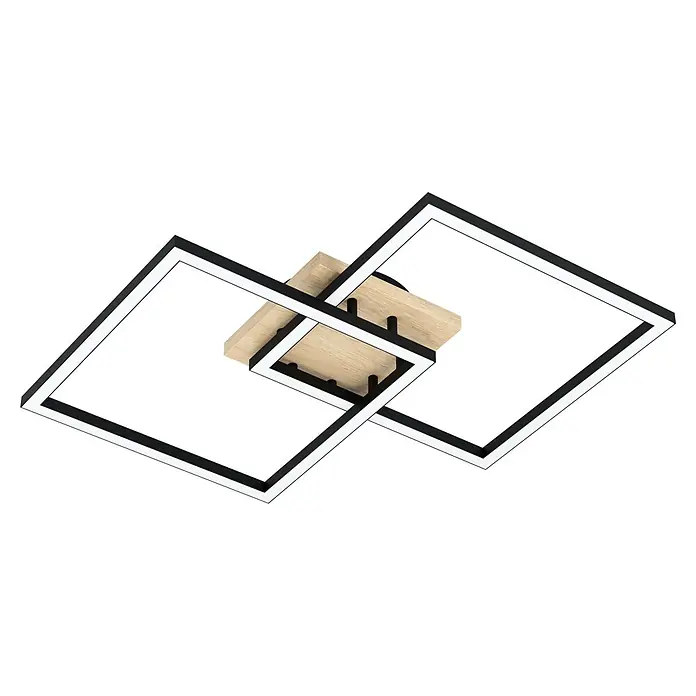 Eglo LED-Deckenleuchte LOMALTAS-Z - 32 W, L x B x H: 77 x 49,5 x 8,5 cm, Schwarz/Braun - Moderne LED-Deckenleuchte mit zwei quadratischen Rahmen und Holzsockel für eine stilvolle Beleuchtung im Raum.