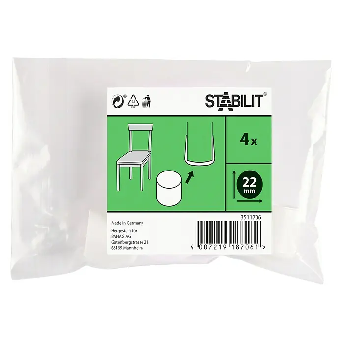 Stabilit Rohrkappen - 22 mm, Weiß, 4 Stk. - Verpackung mit 4 Stk. Stabilit Möbelgleiter, 22 mm Durchmesser, zur einfachen Anbringung an Stuhl- und Möbelbeinen.