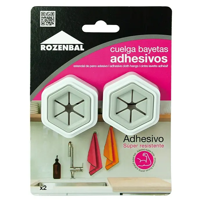 Rozenbal Toallero de gancho adhesivos para bayetas - Blanco/Gris - Los colgadores de tela autoadhesivos de Rozenbal en forma hexagonal, una solución práctica para la cocina.