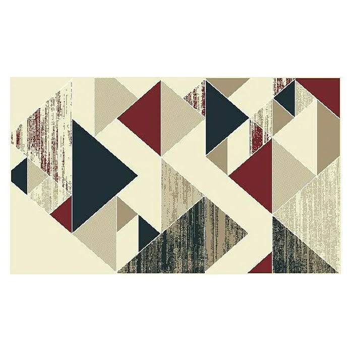 Alfombra de pelo corto Alpes - Granate, 100% polipropileno - Alfombra geométrica con triángulos beige, rojos, grises y azul oscuro para un ambiente moderno.