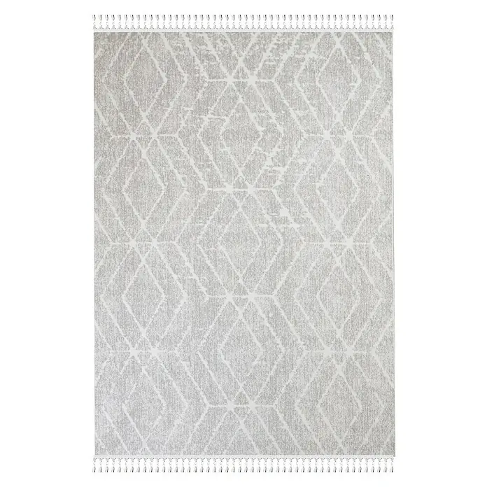 Alfombra de pelo corto Claudia Rombos - Crema, 60 x 110 cm, 100% poliéster - Alfombra gris con diseño geométrico de diamantes y flecos en los extremos, perfecta para espacios modernos.