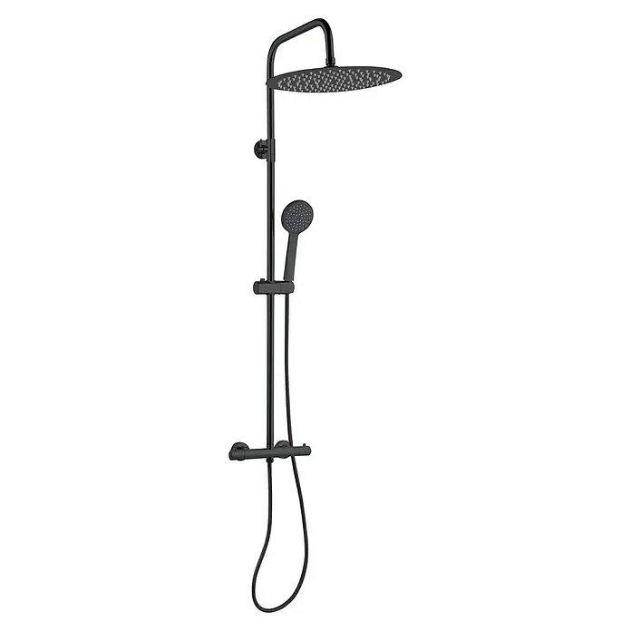 Sistema de ducha Walnut - Con grifo termostático, Negro - Sistema de ducha negro con rociador y ducha de mano para un baño moderno.