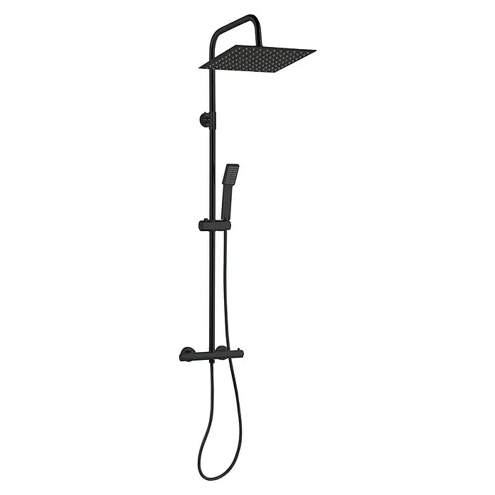 Sistema de ducha Wood - Con grifo termostático, Negro - Sistema de ducha negro con rociador y teleducha. Diseño elegante para un baño moderno.