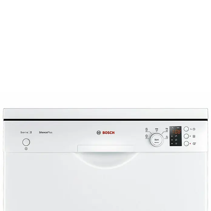Bosch Lavavajillas libre instalación SMS25AW05E - Ancho: 60 cm, Número de cubiertos: 12 ud., Consumo de agua por uso: 9,5 l - Primer plano de un lavavajillas Bosch Serie 2 SilencePlus blanco, destacando el panel de control y la pantalla digital.