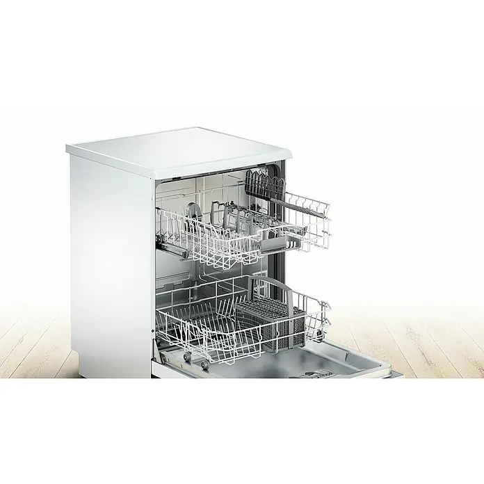 Bosch Lavavajillas libre instalación SMS25AW05E - Ancho: 60 cm, Número de cubiertos: 12 ud., Consumo de agua por uso: 9,5 l - Lavavajillas abierto con dos bandejas extraíbles para una carga flexible. Las bandejas plateadas ofrecen espacio para todo tipo de vajilla.