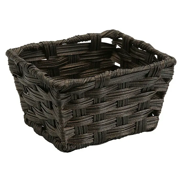 Versa Cesta para baño alta con asas - L x An x Al: 16 x 14 x 9 cm, Fibras plásticas, Marrón oscuro - Primer plano de una cesta cuadrada, marrón y tejida. Un elemento de almacenamiento decorativo y práctico.