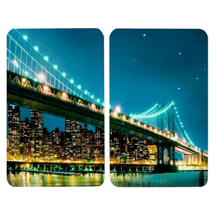 Wenko Placa de protección de vidrio Puente de Brooklyn - L x An: 30 x 52 cm, Puente de Brooklyn, Panel de vidrio de seguridad - Dos puentes de Nueva York por la noche, iluminando el icónico horizonte. Vista atmosférica con reflejos de agua.