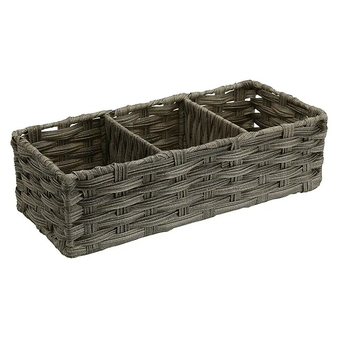 Versa Cesta para el baño 3 compartimentos - L x An x Al: 35,6 x 15,2 x 10,2 cm, Plástico, Gris - Cesta rectangular gris con tres compartimentos, ideal para organizar objetos pequeños y guardar en casa.