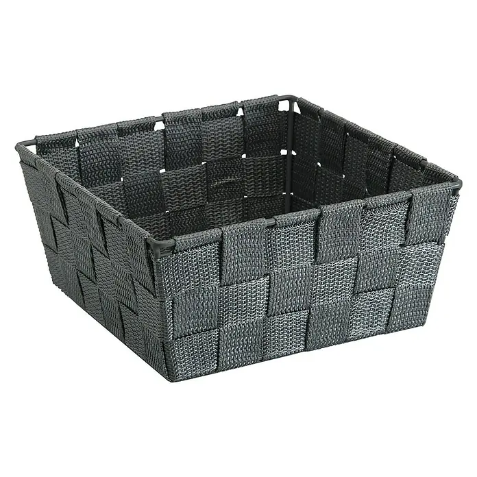 Versa Cesta para el baño mediana - L x An x Al: 19 x 19 x 9 cm, Plástico, Gris - Primer plano de una cesta de almacenamiento rectangular de color gris oscuro con un diseño tejido, ideal para organizar diversos objetos.