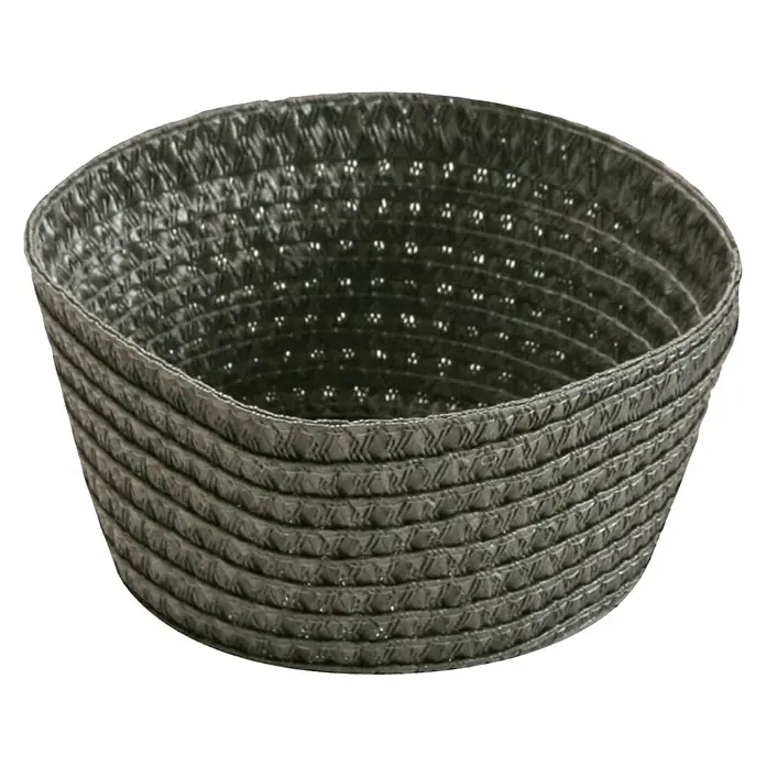 Versa Cesta para el baño redondeada - L x An x Al: 18 x 9 x 9 cm, Plástico, Gris - Primer plano de una cesta negra tejida. La cesta decorativa está vacía y tiene forma ovalada, lo que la convierte en un elegante contenedor.