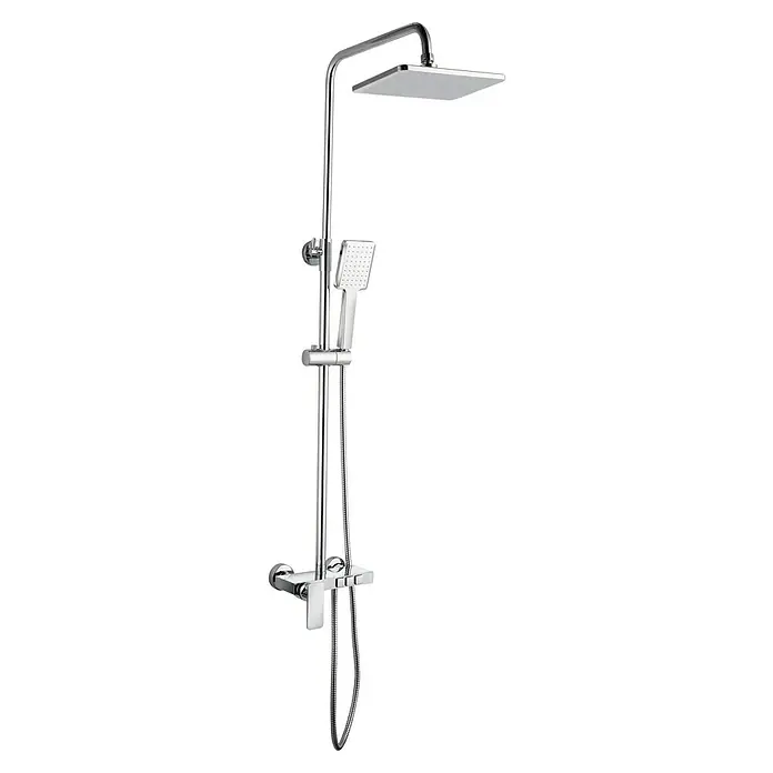 Sistema de ducha Drako - Con grifo monomando, Distancia entre orificios: 15 cm, Número de tipos de chorro: 1 ud., Cromo - Columna de ducha cromada con cabezal cuadrado y rociador de mano para una experiencia de spa. Su diseño elegante realza cualquier baño.