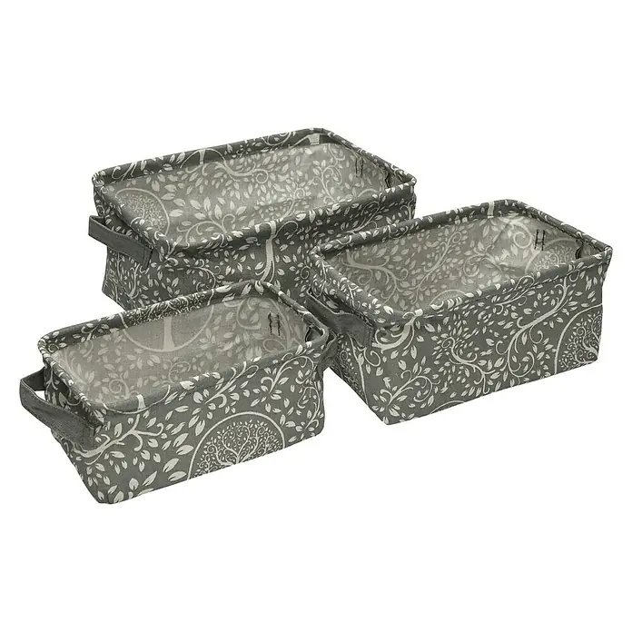 Versa Juego de cestas rectangulares Lively - Multicolor, 3 pzs. - Conjunto de tres cajas de almacenamiento de tela grises con diseño de árbol y asas para la organización del hogar.
