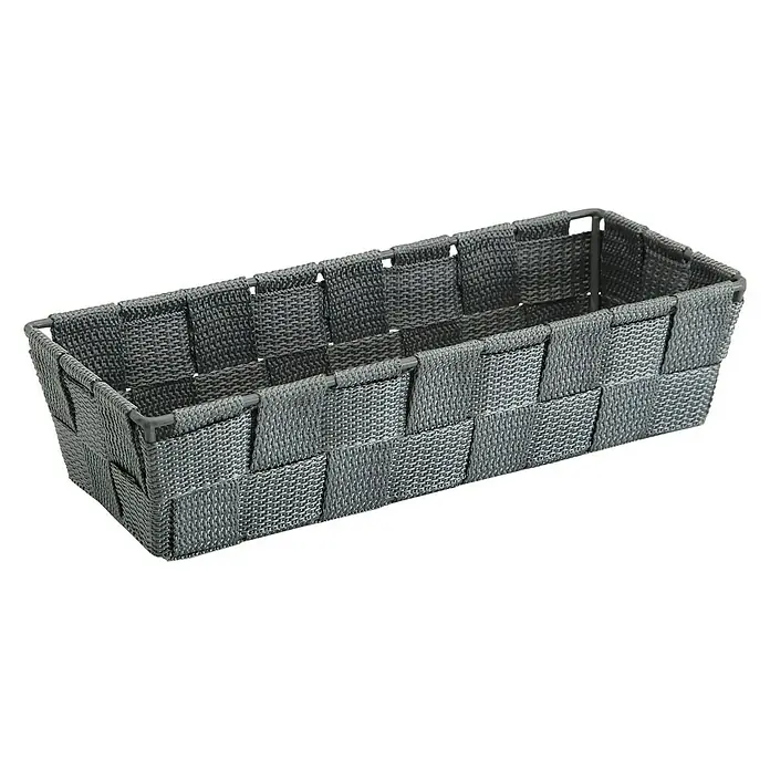 Versa Cesta para el baño alargada - L x An x Al: 25 x 10 x 6 cm, Tela, Gris - Una cesta de almacenamiento rectangular gris tejida para una organización pulcra, ideal para cajones y estantes.