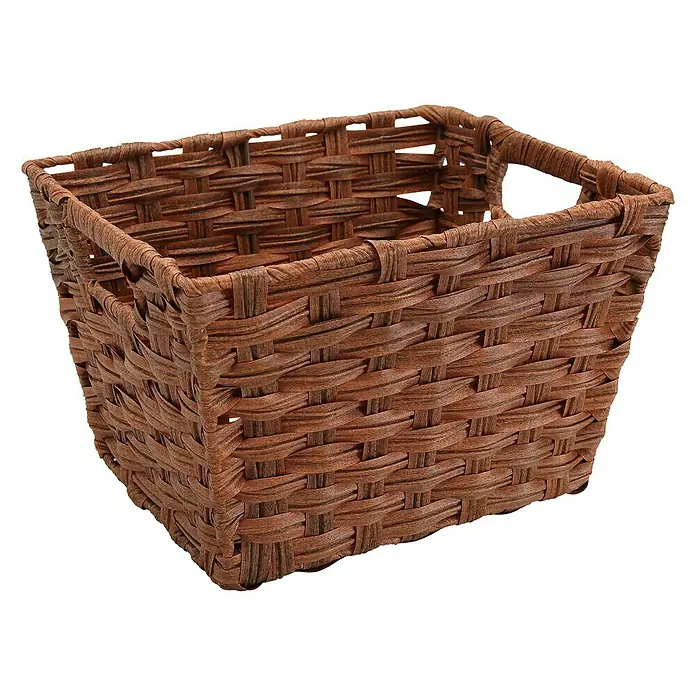 Versa Cesta para el baño alta con asas - L x An x Al: 29 x 24 x 19 cm, Fibras plásticas, Marrón - Cesta de mimbre rectangular de color marrón con asas para guardar y organizar objetos.