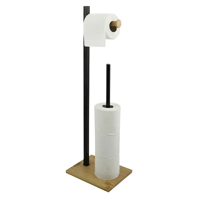Spirella Portarrollos papel higiénico Alvar - L x An x Al: 18 x 20 x 68 cm, Metal, Negro/Bambú - Un portarrollos de papel higiénico de madera independiente con un soporte negro, un rollo de papel higiénico en la parte superior y varios rollos en la parte inferior.