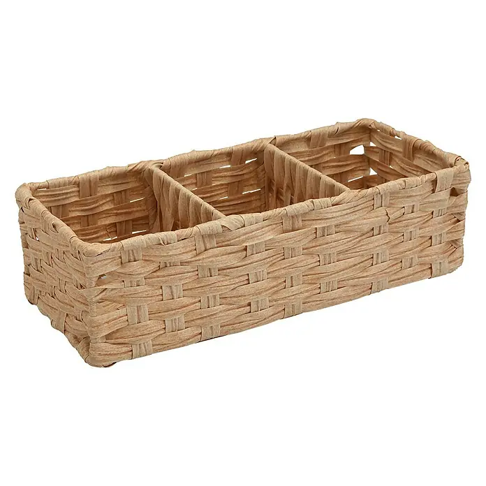 Versa Cesta para el baño 3 compartimentos - L x An x Al: 35,6 x 15,2 x 10,2 cm, Plástico, Natural - Cesta de mimbre rectangular marrón con tres compartimentos. Esta cesta ofrece soluciones de almacenamiento elegantes.