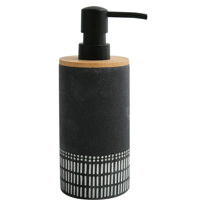 Spirella Dispensador de jabón Yuma - L x An x Al: 72 x 72 x 18 cm, Plástico, Negro - Este elegante dispensador de jabón negro con tapa de bambú y un estampado moderno es un auténtico reclamo en el baño.