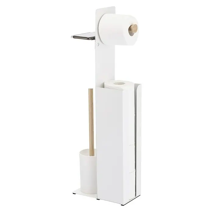 Spirella Conjunto de escobillero y portarrollos Yoni - 22,1 x 12,2 x 67 cm, Acero, Blanco/Bambú - Porta-papel higiénico de pie con reserva y cepillo, perfecto para cualquier baño, ofreciendo funcionalidad y diseño elegante.
