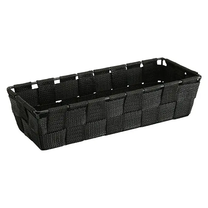 Versa Cesta para el baño alargada - L x An x Al: 25 x 10 x 6 cm, Tela, Negro - Cesta negra oblonga con textura tejida, ideal para organizar artículos del hogar y exhibirlos. Práctica y decorativa.