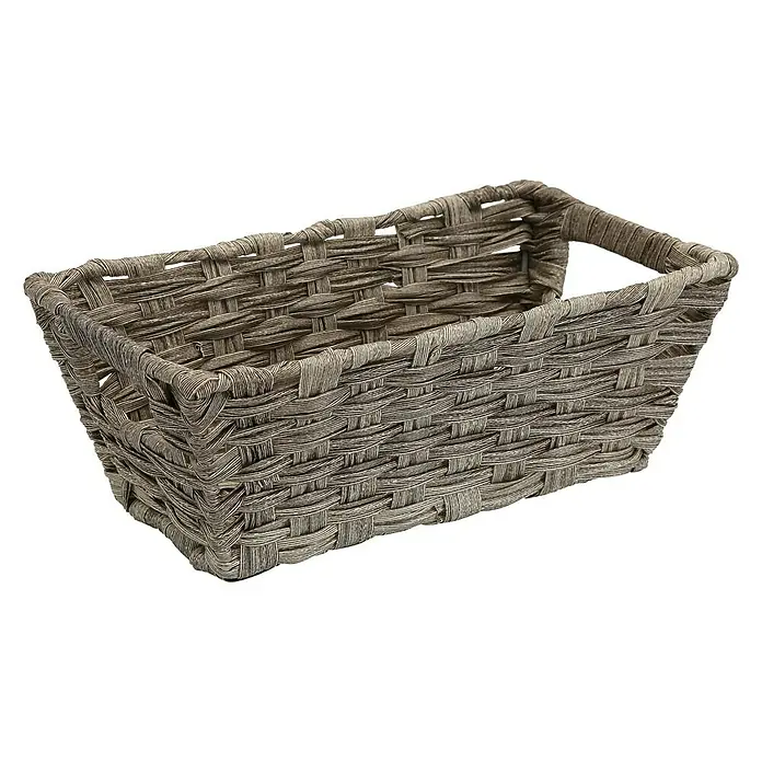 Versa Cesta para el baño con asas - L x An x Al: 29 x 17 x 11,5 cm, Fibras plásticas, Gris - Cesta rectangular de mimbre marrón con diseño tejido para guardar objetos o como elemento decorativo.