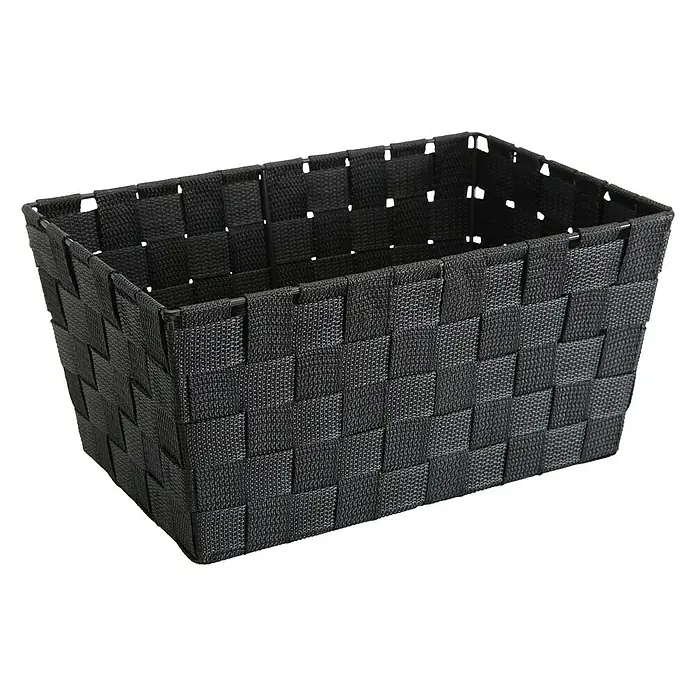 Versa Cesta para el baño - L x An x Al: 30 x 20 x 15 cm, Plástico, Gris oscuro - Cesta de almacenamiento negra, rectangular y tejida con un diseño sencillo y funcional para organizar objetos.