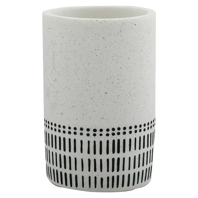 Spirella Portacepillos Yuma - L x An x Al: 72 x 72 x 11 cm, Plástico, Blanco - Una maceta cilíndrica blanca con puntos negros y rayas verticales para una estética moderna.