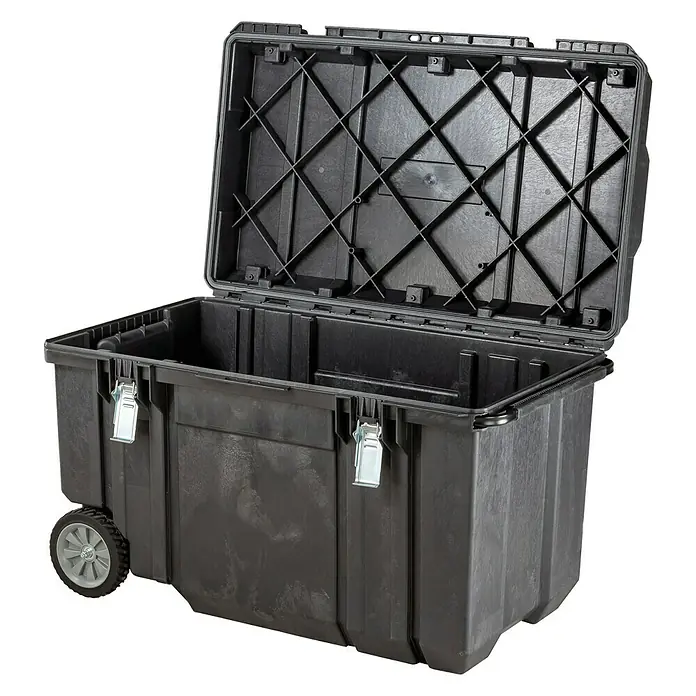 Stanley FatMax Caja profesional con ruedas SFM - L x An x Al: 99 x 62 x 59 cm, Capacidad volumétrica: 240 l, No incluye herramientas - Caja de herramientas negra con ruedas y tapa abierta, ideal para guardar y transportar herramientas cómodamente.