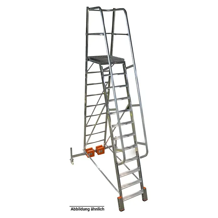 Krause Stabilo Podestleiter Vario kompakt - Arbeitshöhe: 4,25 m, 10 Stk., Aluminium, Ausstattung: Handläufe, B x L: 0,71 x 3,76 m - Bild eines fahrbaren Industrie-Arbeitspodests aus Aluminium mit Stufen und Geländer für sicheres Arbeiten in der Höhe.