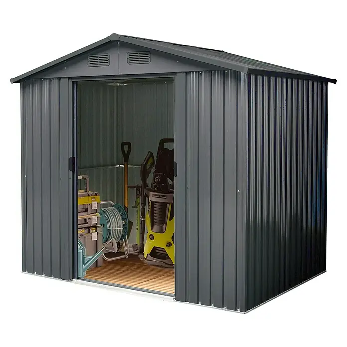 Gardol Gerätehaus Top Shed - Außenmaß inkl. Dachüberstand (B x T): 236 x 196 cm, Stahl, Anthrazit - Ein graues Gartenhaus mit geöffneter Tür, gefüllt mit Gartengeräten, bietet praktischen Stauraum für den Außenbereich.