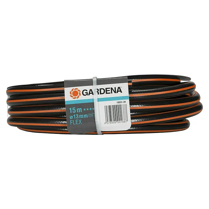 Gardena Comfort Flex Gartenschlauch - Länge: 15 m, Schlauchdurchmesser: 13 mm, Berstdruck: 25 bar - Eine Nahaufnahme eines aufgerollten Gardena Flex Gartenschlauchs von 15m Länge. Perfekt für Gartenbewässerung mit einem Durchmesser von 13mm.