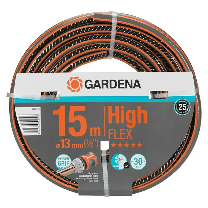 Gardena Schlauch Comfort High Flex - Länge: 15 m, Schlauchdurchmesser: 13 mm, Berstdruck: 30 bar - Abbildung eines GARDENA HighFLEX Gartenschlauchs, 15 m lang, Durchmesser 13 mm, mit Power Grip und Frostschutz für hohe Stabilität.