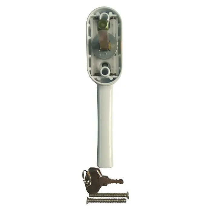 Manilla para ventana - Largo: 155 mm, Blanco - Primer plano de una manija de ventana blanca con llave y tornillos. Este conjunto es ideal para el bloqueo seguro de ventanas.